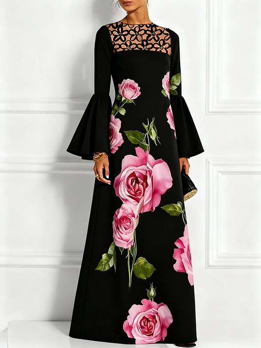 Flared Sleeves Long Sleeves Contrast Color Flower Print Hollow Print Split-Joint Round-Neck Maxi Dresses