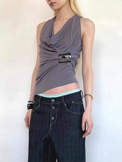 Loose Sleeveless Pleated Solid Color Heaps Collar Tank Top
