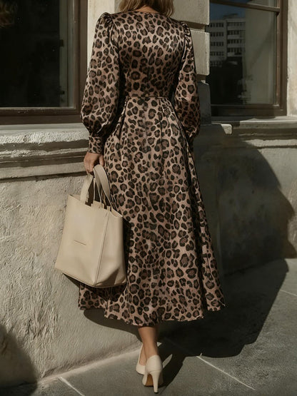 A-Line High Waisted Leopard Pleated Pockets Zipper V-Neck Maxi Dresses