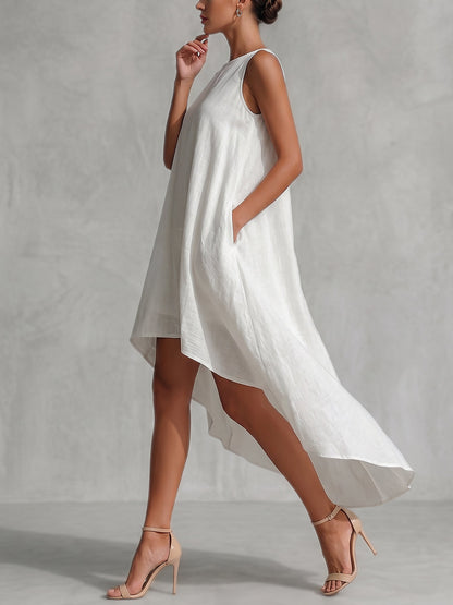 A-Line High-Low Solid Color Zipper Round-Neck Maxi Dresses