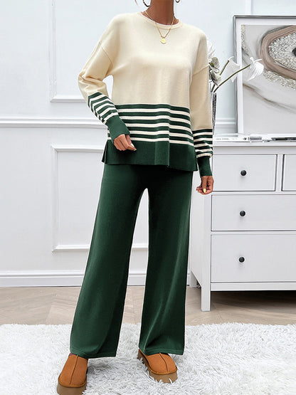 Long Sleeves Loose Contrast Color Split-Side Striped Round-Neck Sweater Top + Pants Bottom Two Pieces Set