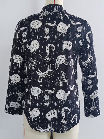 Long Sleeves Loose Animal Printed Buttoned Lapel Blouses&Shirts Tops