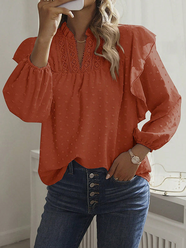 Long Sleeves Loose Elasticity Jacquard Ruffle Trim Solid Color Split-Joint V-Neck Blouses&Shirts Tops