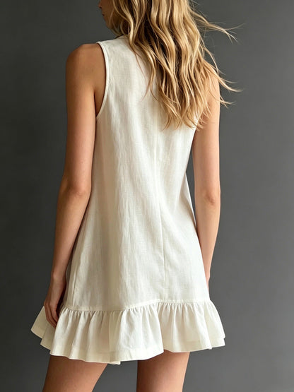 A-Line Loose Buttoned Pleated Solid Color Round-Neck Mini Dresses