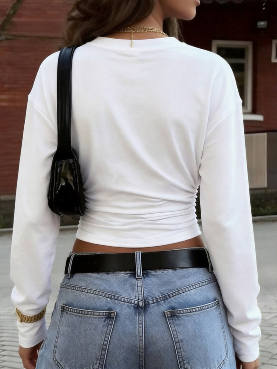 Solid Color Pleated Elasticity Loose Long Sleeves Round-neck T-Shirts Tops