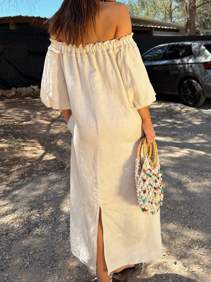 A-line Long Sleeves Contrast Color Pleated Pockets Printed Split-back Split-Joint Off-the-shoulder Maxi Dresses