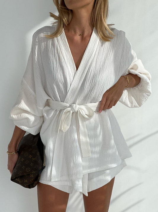 Long Sleeves Elasticity Solid Color Tied Waist V-Neck Blouses Tops + High Waisted Shorts Bottom Two Pieces Set