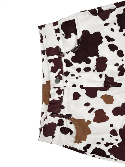 Elasticated Waist High Waisted Contrast Color Cow Printed Split-Joint Pants