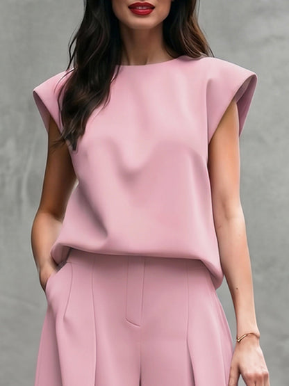 Cap Sleeve Loose Solid Color Round-Neck Blouses&Shirts Tops