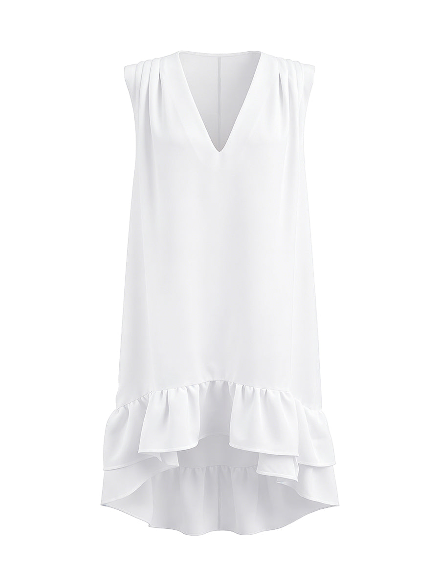 High-Low Loose Pleated Ruffled Solid Color Deep V-Neck Mini Dresses