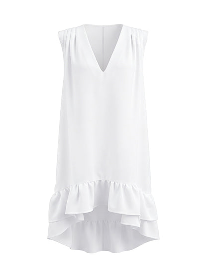 High-Low Loose Pleated Ruffled Solid Color Deep V-Neck Mini Dresses
