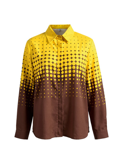 Long Sleeves Loose Buttoned Contrast Color Polka-Dot Split-Joint Lapel Blouses&Shirts Tops