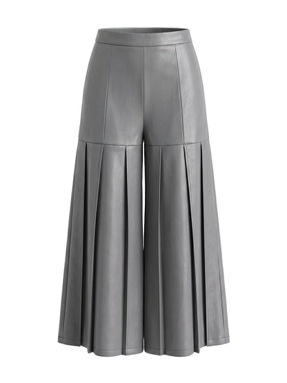 High Waisted Elasticity Pleated Pockets Solid Color Zipper Wide Leg Pants