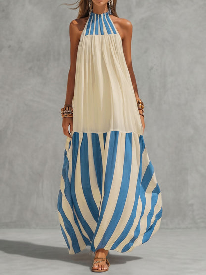 A-Line Loose Contrast Color Pleated Striped Halter-Neck Maxi Dresses