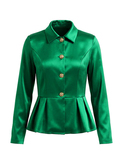 Elasticated Waist High Waisted Buttoned Contrast Color Ruffled Split-Joint Lapel Blazer Blouses&Shirts Tops