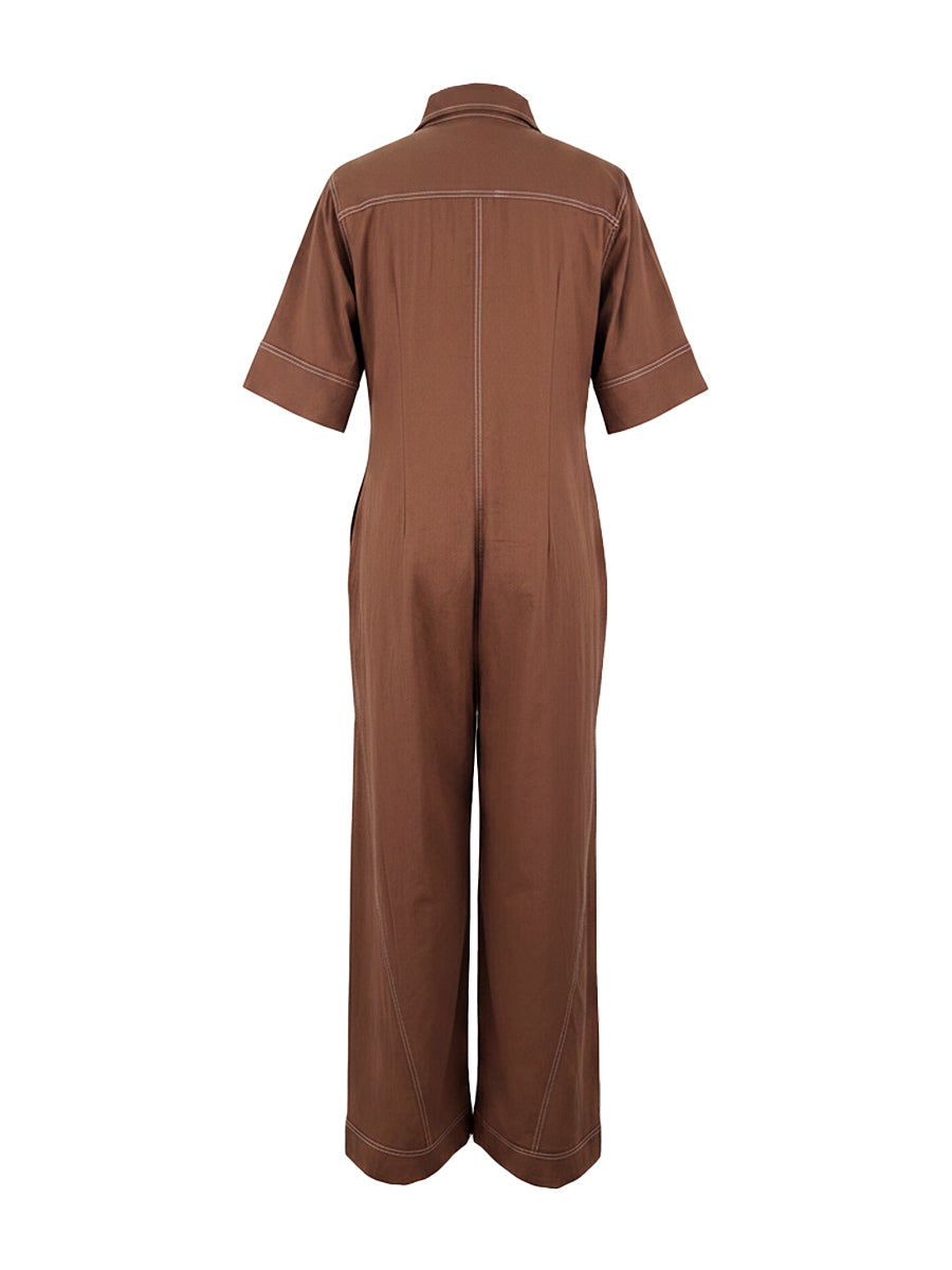 Loose Short Sleeves Pockets Solid Color Zipper Stand Collar Jumpsuits