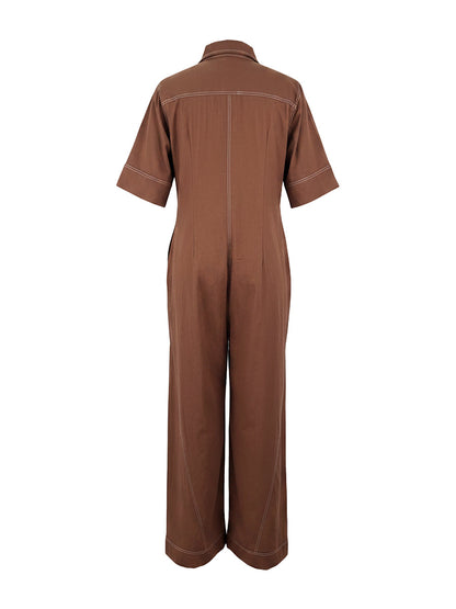 Loose Short Sleeves Pockets Solid Color Zipper Stand Collar Jumpsuits