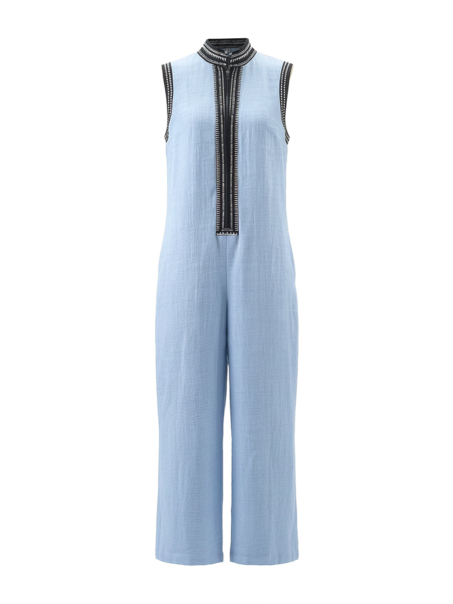 Sleeveless Wide Leg Pockets Solid Color Zipper Stand Collar Jumpsuits