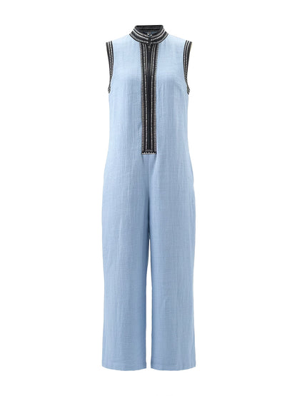 Sleeveless Wide Leg Pockets Solid Color Zipper Stand Collar Jumpsuits