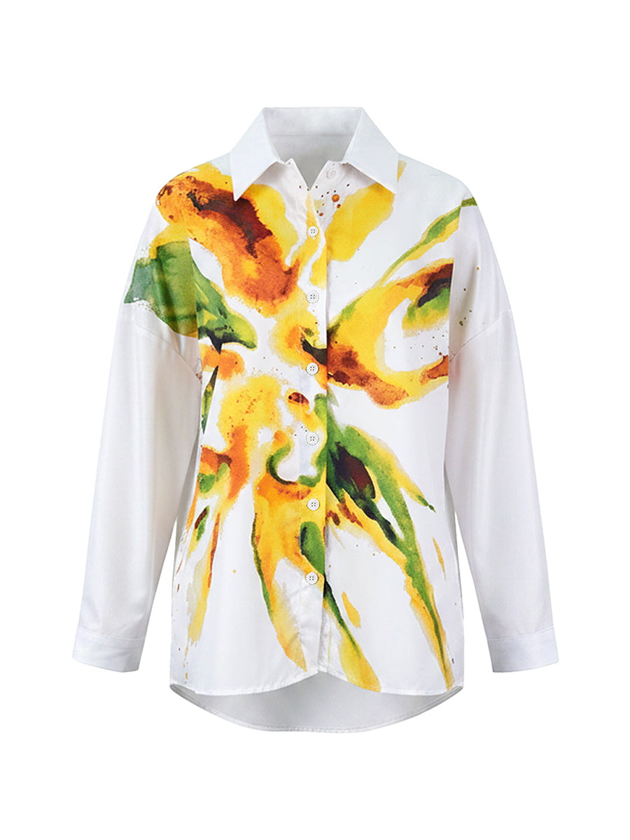 High-Low Long Sleeves Buttoned Contrast Color Flower Print Lapel Blouses&Shirts Tops