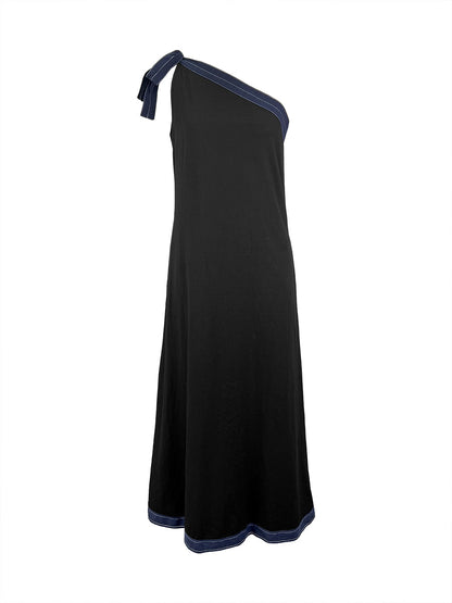 A-Line Sleeveless Asymmetric Contrast Color One-Shoulder Maxi Dresses