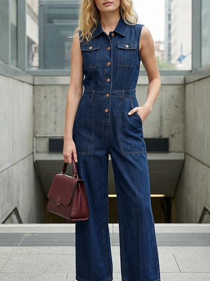 Loose Plus Size Buttoned Pockets Solid Color Split-Joint Stand Collar Jumpsuits