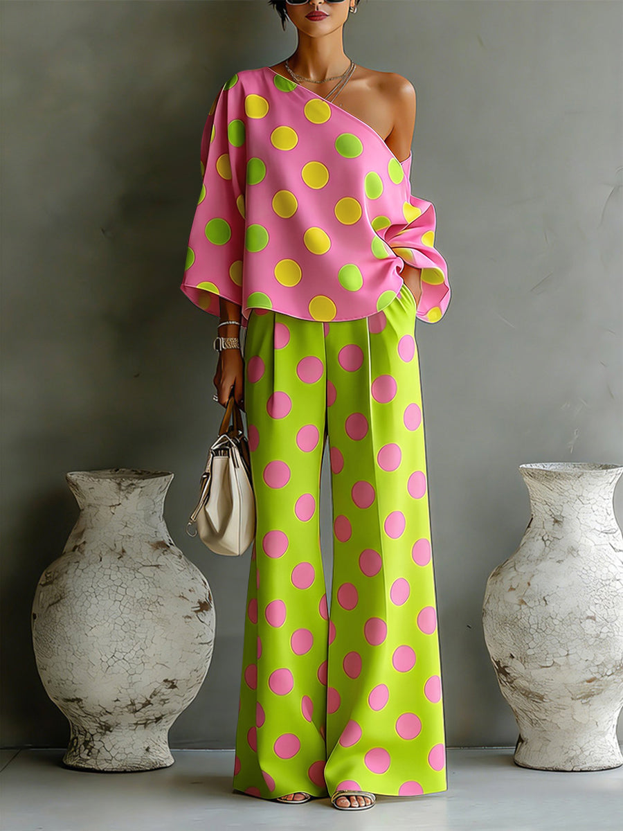 Loose Wide Leg Buttoned Pockets Polka-Dot Pants Trousers