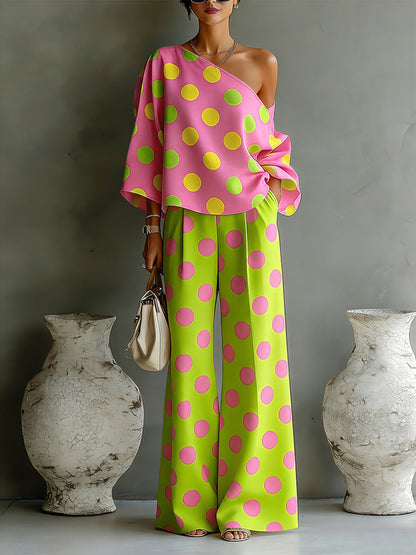 Loose Wide Leg Buttoned Pockets Polka-Dot Pants Trousers