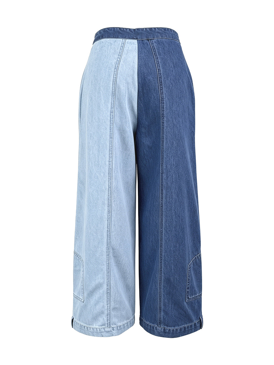 Loose Wide Leg Contrast Color Pockets Jean Pants Bottoms