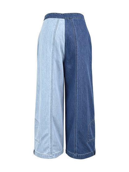 Loose Wide Leg Contrast Color Pockets Jean Pants Bottoms