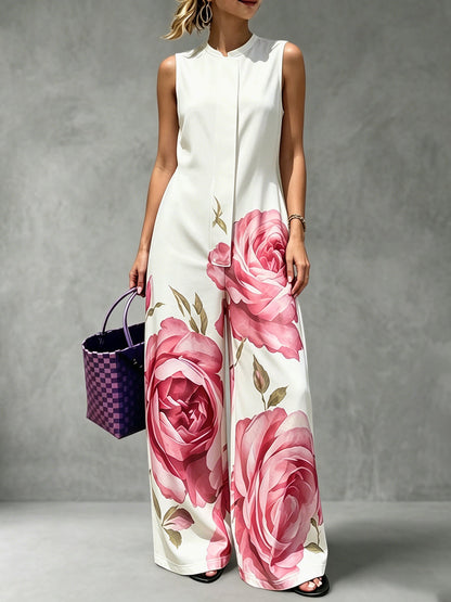 High Waisted Loose Flower Print Pleated Pockets Round-Neck Jumpsuits