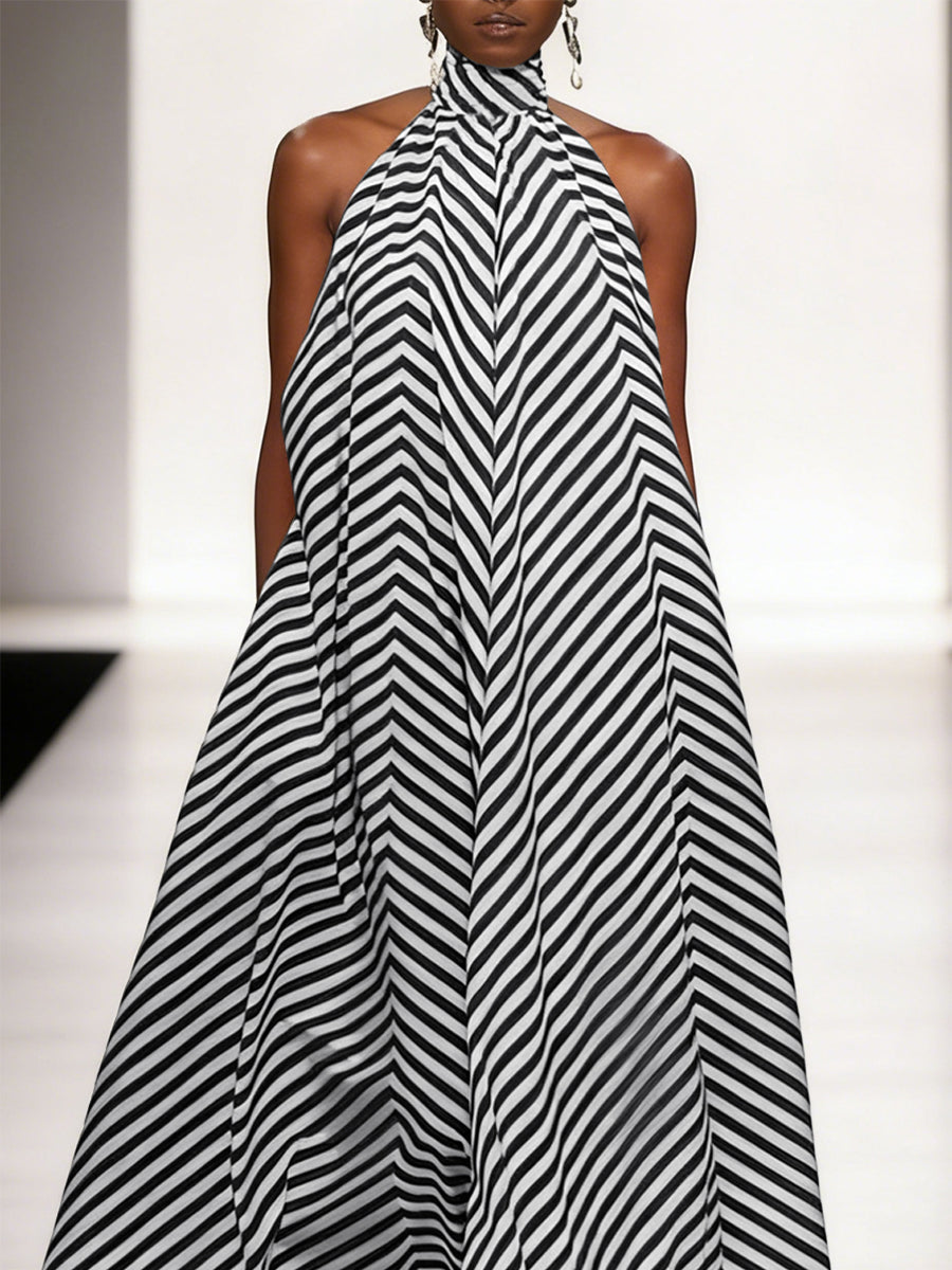 A-Line Loose Backless Contrast Color Elasticity Pockets Halter-Neck Maxi Dresses