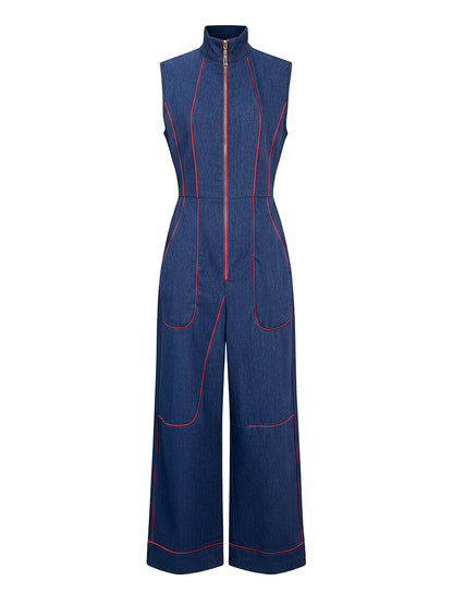 High Waisted Sleeveless Pockets Zipper Stand Collar Jumpsuits