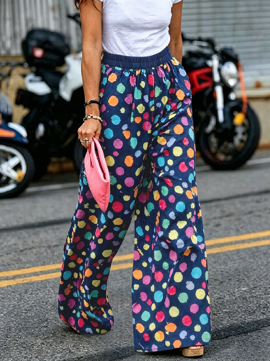High Waisted Wide Leg Contrast Color Elasticity Pockets Polka Dot Pants Trousers