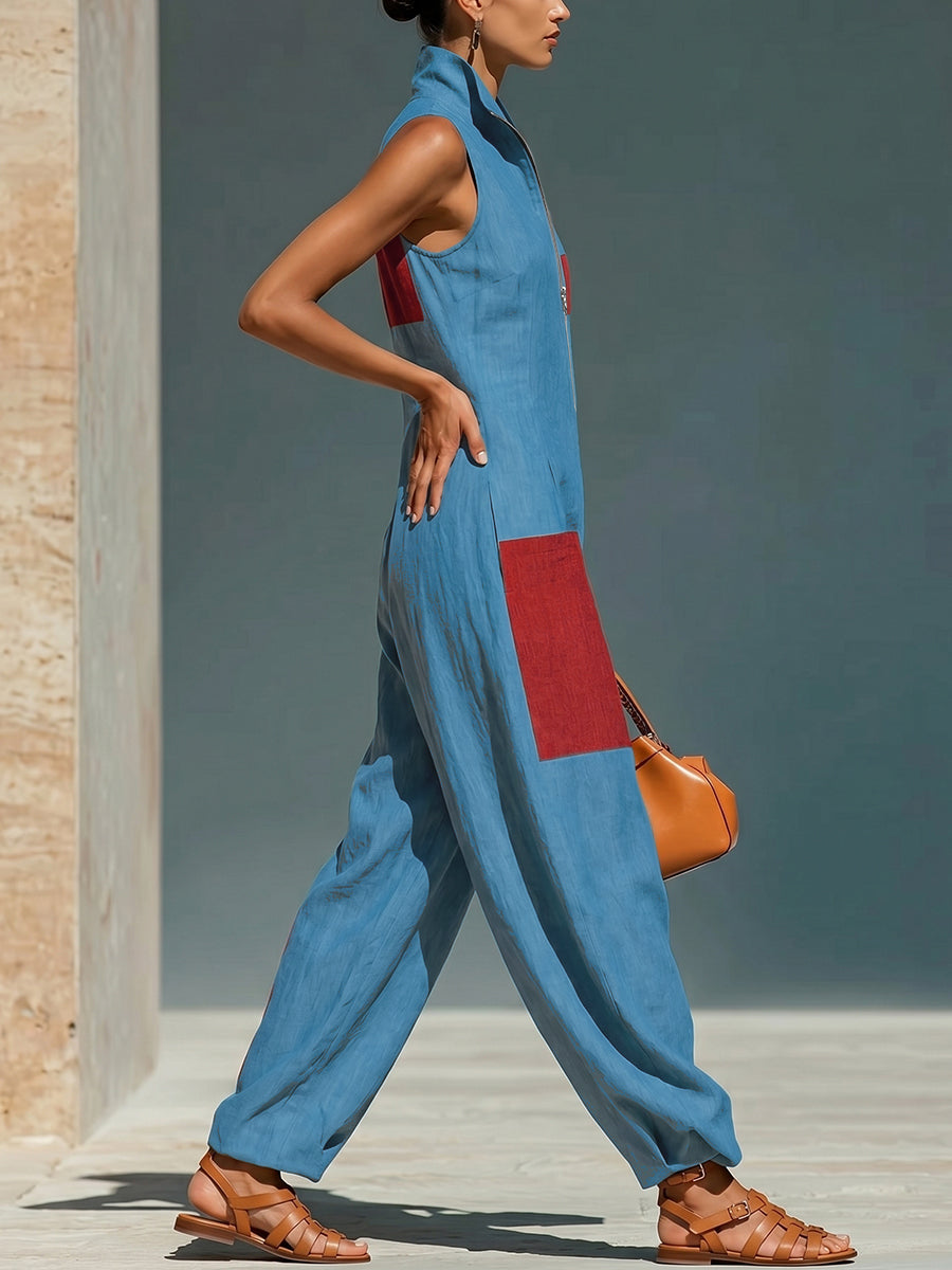 Loose Wide Leg Contrast Color Pockets Lapel Jumpsuits