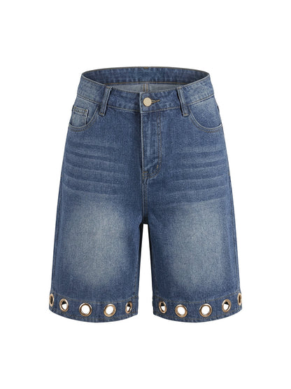 High Waisted Wide Leg Buttoned Hollow Pockets Solid Color Split-Joint Jean Pants Bottoms Shorts Bottoms