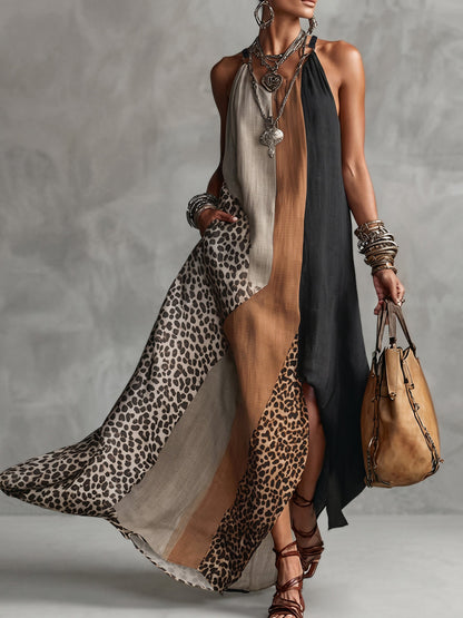 Loose Sleeveless Asymmetric Contrast Color Leopard Pockets Split-Joint Halter-Neck Maxi Dresses