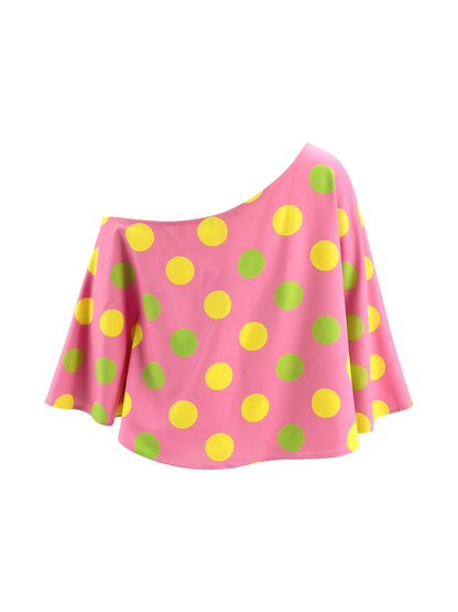Long Sleeves Loose Asymmetric Polka-Dot One-Shoulder Blouses&Shirts Tops