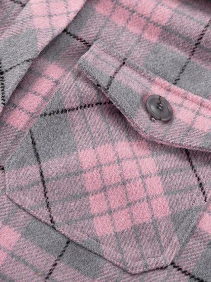 Long Sleeves Loose Plaid Pockets Lapel Woolen Coat