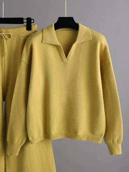 Urban Long Sleeves Solid Color Polo Sweater Tops & Wide Leg Pants Two Pieces Set