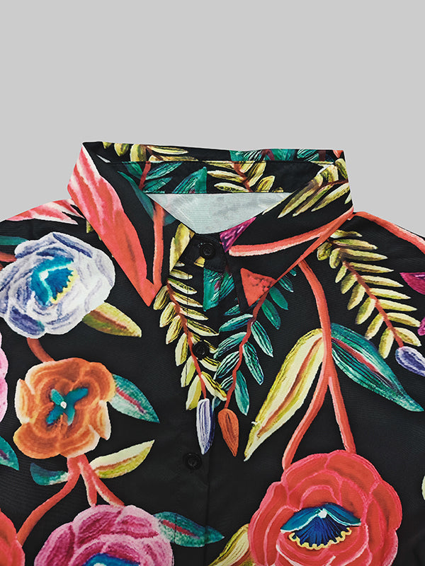 Flared Sleeves Long Sleeves Buttoned Contrast Color Flower Print Lapel Blouses&Shirts Tops