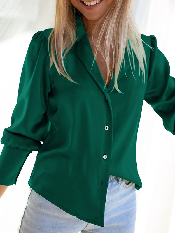 Long Sleeves Buttoned Notched Collar Blouses&Shirts Tops