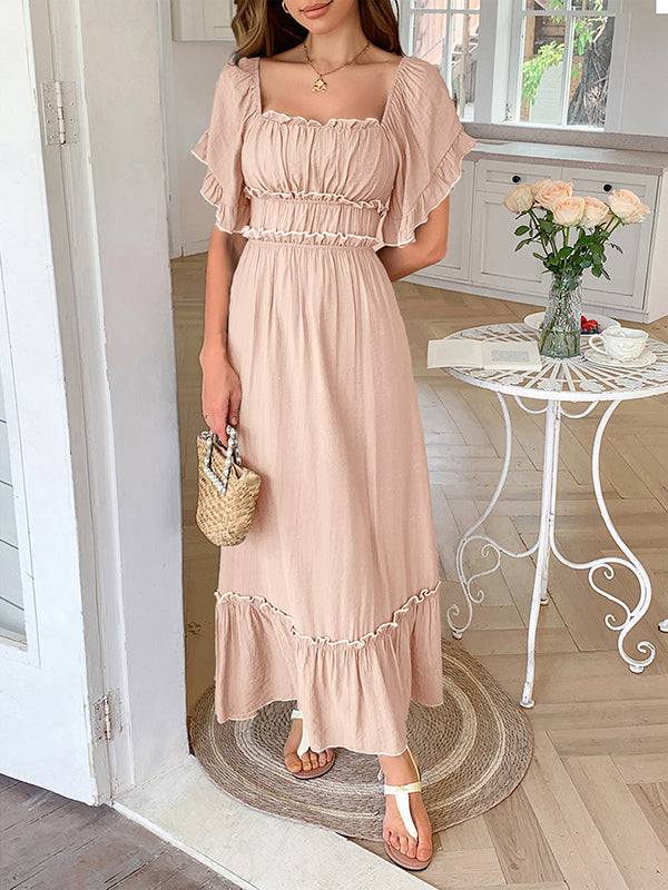 A-Line High Waisted Pleated Ruffle Trim Split-Joint Zipper Square-Neck Midi Dresses
