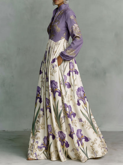 A-Line High Waisted Buttoned Contrast Color Flower Print Pockets Ruched Split-Joint Stand Collar Maxi Dresses