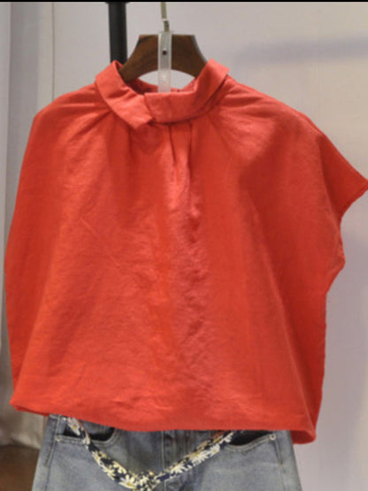 Artistic Retro Short Sleeves Loose Pleated Solid Color Blouses&Shirts Tops