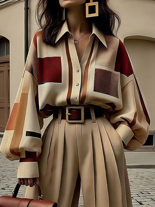 Long Sleeves Loose Buttoned Contrast Color Plaid Lapel Blouses&Shirts Tops