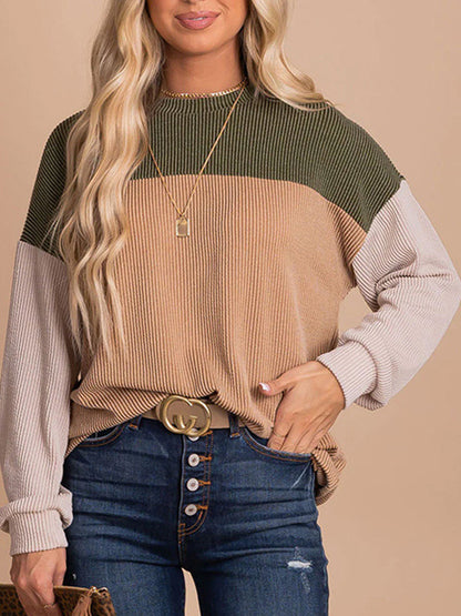 Long Sleeves Loose Contrast Color Round-Neck Sweatshirt Tops