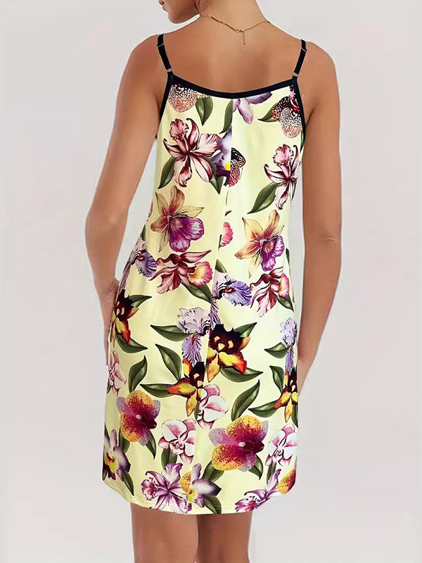 Loose Sleeveless Flower Print Spaghetti-Neck Mini Dresses