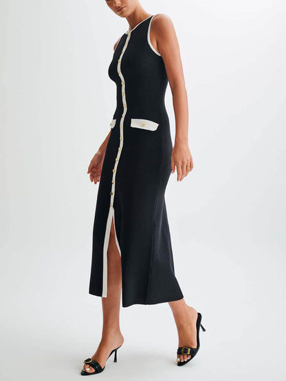 Solid Color Buttoned Sleeveless Bodycon Round-neck Midi Dresses