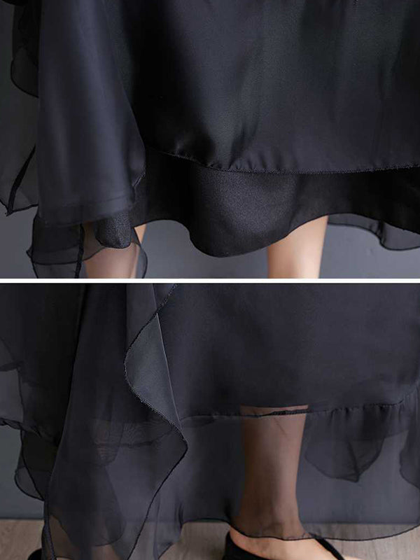 Loose Ruffle Sleeves Falbala Ruffled Solid Color Round-neck Midi Dresses